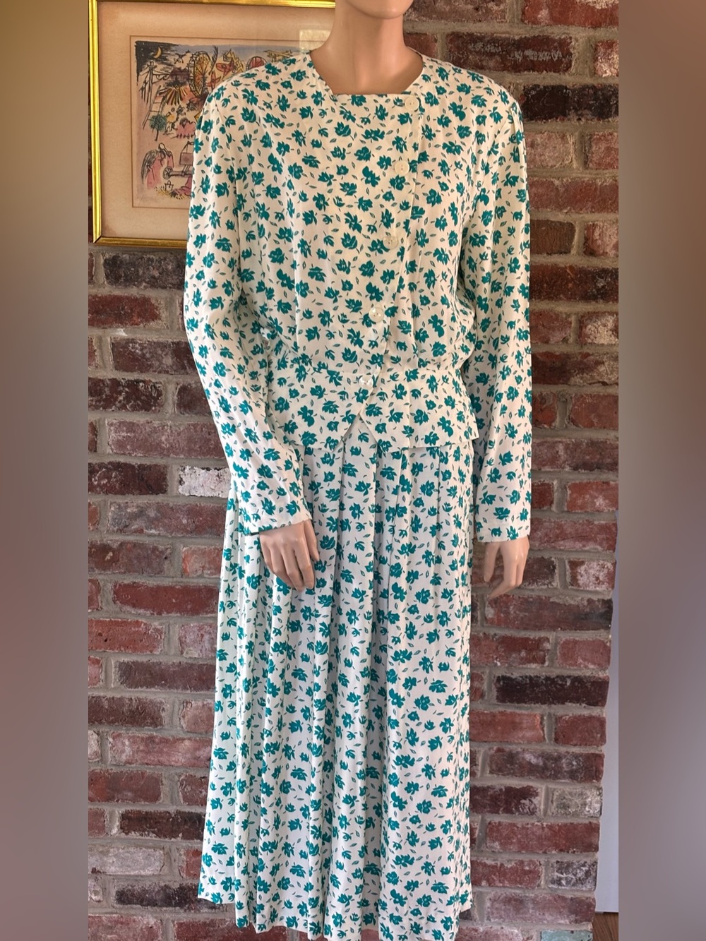 Vintage 80’s White Maxi Dress with Teal Floral Print